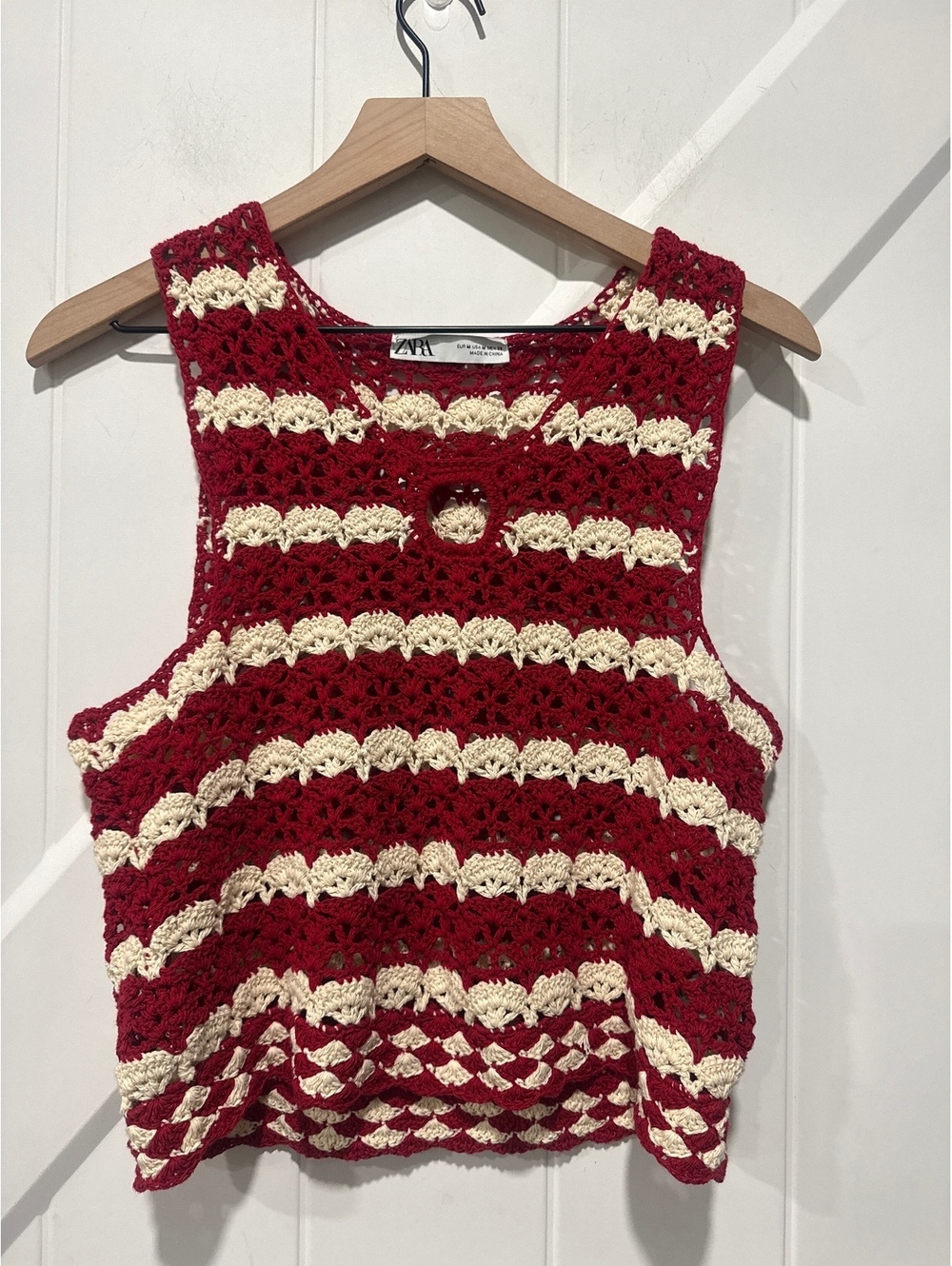 Zara Red and Cream Crochet Knit Cotton Tank Top, Size M